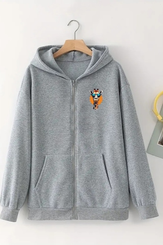 Unisex Gri Kapüşonlu Fermuarlı Hırka Zürafa Baskılı, Şardonlu Kalın Kumaş Gri