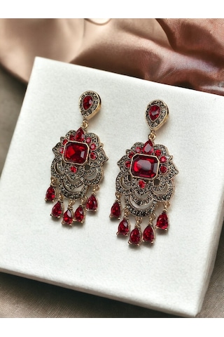 Kristal Taşlı Su Damlaları Sallantılı Küpe Kırmızı