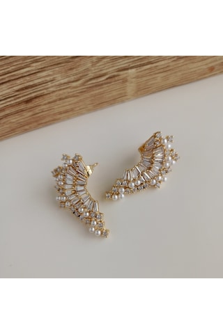 Lente Aksesuar Xuping Gold Baget Taşlı Ve İncili Lüks Yelpaze Küpe Gold - Gümüş