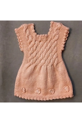 Uretti - Talia 8659 - 5678 El Örgüsü Kız Çocuk Elbise - Bandana - Patik Üçlü Takım - 6 / 9 Ay Gülkurusu