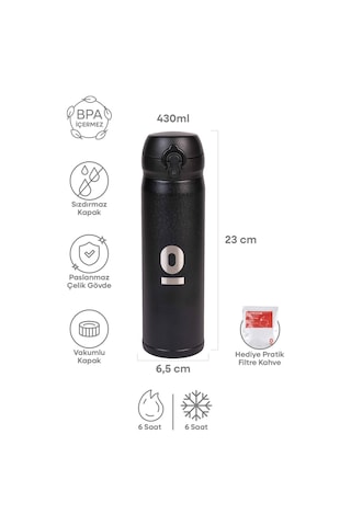 Siyah Dokulu Paslanmaz Çelik Termos 430 ML Kapaklı No:104