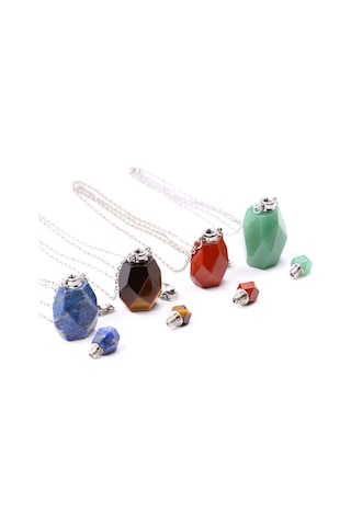 Kırmızı Jasper Aventurin Lapis Lazuli Kaplan Gözü Doğal Taş Parfüm Şişesi Kolye Dörtlü Set Çok Renkli