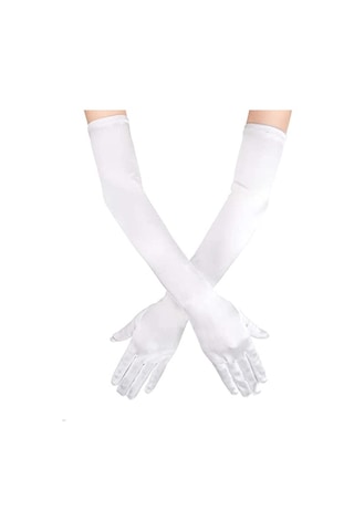 Beyaz Renk Dirseğe Kadar Uzun Kumaş Eldiven 40 Cm Yetişkin