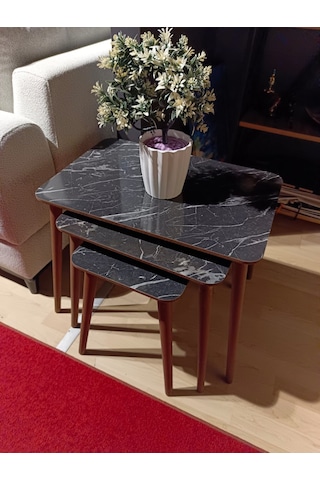 Modern Ahşap Zigon Sehpa Takımı Siyah Mermer Modern Ahşap Zigon Sehpa Takımı Siyah Mermer
