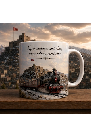 Kars Temalı Porselen Kupa Bardak Kars Kalesi Ve Tren Baskılı Hediyelik 300 Ml Beyaz