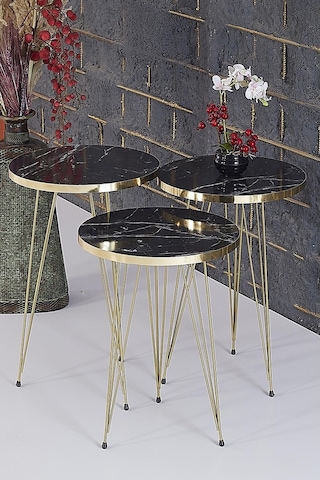 Zigon Sehpa Takımı Yuvarlak Siyah Mermer Desenli Gold Tel Ayak