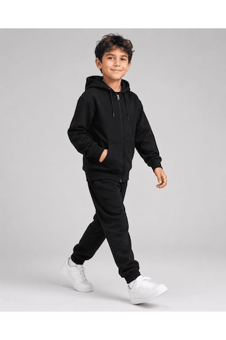 Eray Alp Kids Unisex Çocuk Siyah Kapüşonlu Fermuarlı Eşofman Takımı Günlük Rahat Kombin