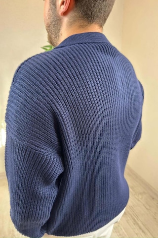 Erkek Lacivert Fermuarlı Polo Yaka Oversize Triko Kazak Lacivert