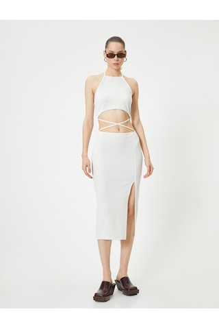 Koton Halter Yaka Elbise Midi Pencere Detaylı Önden Yırtmaçlı Slim Fit Ekru 4sal80022ık Ekru