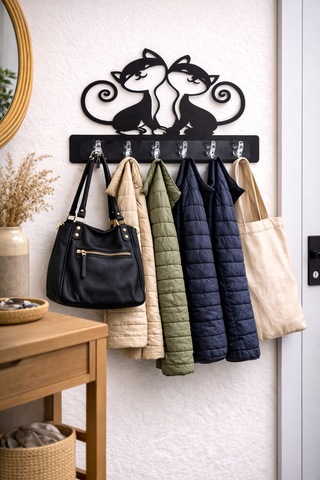 Kedi Figürlü Dekoratif Duvar Askılığı 6 Kancalı Mdf Anahtarlık Ve Askı 39 X 29 Cm Siyah Siyah