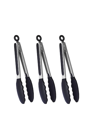 Pratik Mutfak Maşası Silikon Pişirme Maşası Barbekü Maşası, 3'lü Set Siyah