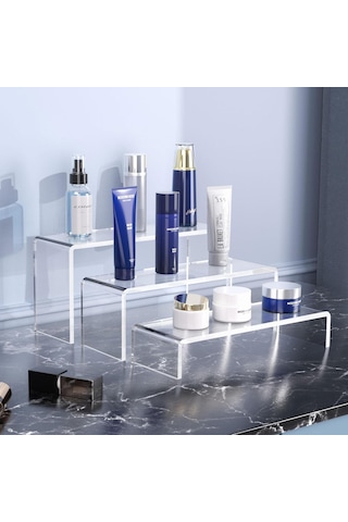 3'lü Ürün Yükseltici Organizer Stant Pleksi 26x3cm / 28x6cm / 30x10cm / 5mm - Şeffaf Diğer