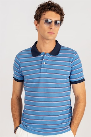 Tudors Slim Fit Dar Kesim Çizgili Polo Yaka Pike T-Shirt-24259 Mavi