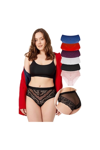 Cottonhill Dantelli Arkası Transparan Büyük Beden Bikini Külot 6'lı Paket Çok Renkli 1 Çok Renkli