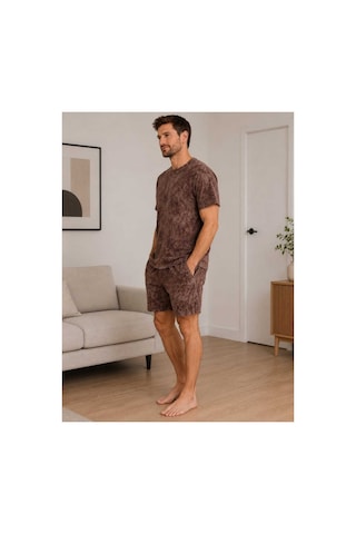 Pijamask Erkek Baskılı Şortlu Pamuklu Yazlık Pijama Takımı Kahverengi