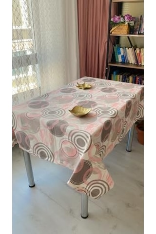 Defnelam Dertsiz Masa Örtüsü Duck Keten Sıvı Geçirmez 150 X 180 Cm Pembe Yuvarlak Acı Kahverengi