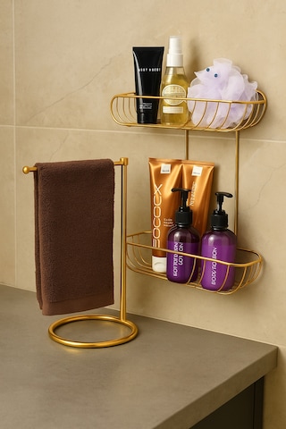 Parlak Altın Banyo Organizer Seti Havlu Askısı 2 Katlı Şampuanlık Raf