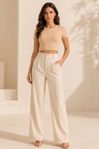 Loule Kadın Bisiklet Yaka Kısa Kollu Crop Top Bej %92 Pamuk