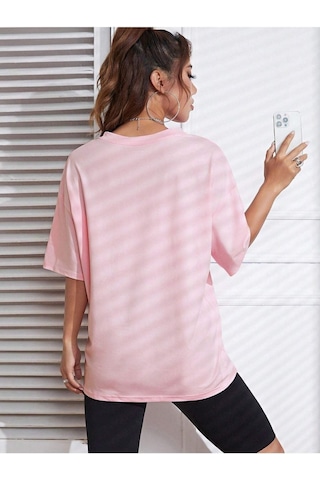 Emoji T-shirt - Pembe Baskılı Oversize Bisiklet Yaka Kısa Kol Pembe
