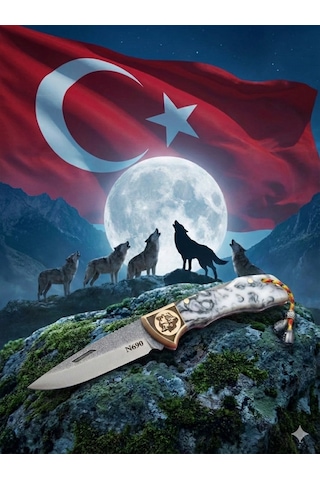N690 Böhler Çelik El Yapımı Kamp Çakı Kilitli Yaylı Mekanizma, Epoksi Sap Beyaz Siyah