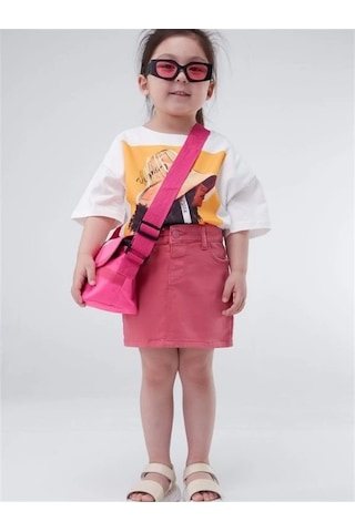 Kız Çocuk Lcralı Düğmeli Etek-12651 Gülkurusu