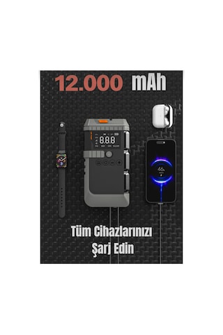 4'ü 1 Arada Şarjlı Akü Ateşleyici Lastik Şişirici Powerbank Led Işık 12000mah