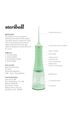 Steriball Oral Irrigator Ağız Duşu Yeşil - 4 Temizlik Modu 360 Dönebilen Başlık 0,60 Mm İnce Su Akışı Yüksek Frekanslı Su Darbesi