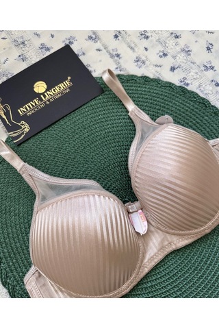 Evelyn Parlak Saten Çizgi Detaylı C Cup Balenli Desteksiz Önü Tül Bej