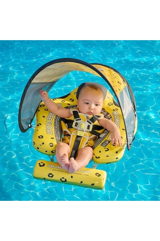 Mambobaby Yüzme Simidi - Yellow Leopard, Emniyetli, Gölgelikli Ve Ayak Destekli