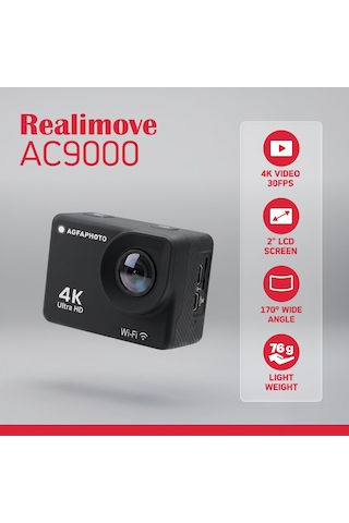 Agfaphoto Realimove Ac9000-30 Su Geçirmez Dijital Eylem Kamera Gerçek 4k Eıs Anti-shake, 170 Â Açı, 2.0 İnç Lcd Ekran, 18 Zubehörteile, Wlan Siyah M