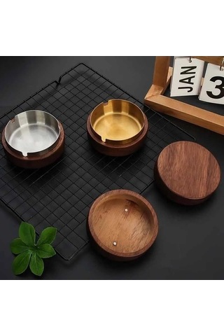 Ulzyvf Yeni Yaratıcı Tablası Sigara Rüzgar Paslanmaz Ofis Masaüstü Küllük Kül Kapaklı Ev Dekorasyon Ceviz Ahşap Adet 8cm-altın -1 Zt