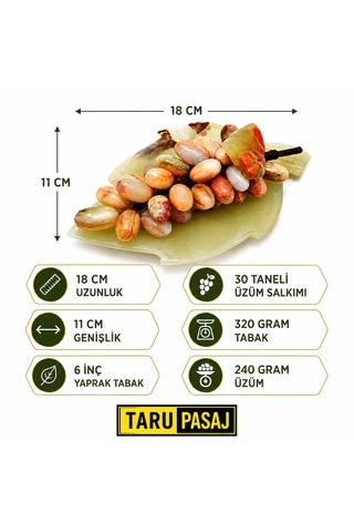 Doğal Oniks Taş Yaprak Tabak & 30 Taneli Üzüm Salkımı Feng Shui Dekor Objesi Kahverengi