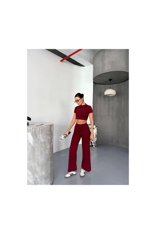 Butik İstanbul Osy Modal Yumuşak Dokulu Kumaş Kısa Kollu Crop Alt Ispanyol Paça Pantalon Ikili Takım - Bordo