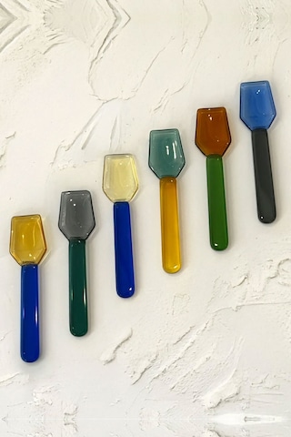 İronika 6lı Renkli Cam Kaşık Borosilikat Isıya Dayanıklı Özel Tasarım Çay Kahve Tatlı Kaşığı Altıgen Açık Mavi