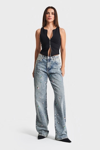 it's basic Kadın Kot Rengi 4s5-65 Çiçek Nakışlı Loose Fit Orta Bel %100 Koton Denim Jean Mavi