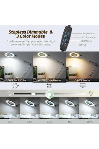 Işık Ve Stand İle Büyüteç, 5 İnç 10x Gerçek Cam Lens, 3 Renk Modu Led Masa Lambası