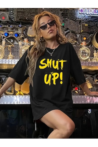 Wear Vexel Kadın Tişört Shut Up Baskılı Bisiklet Yaka Kısa Kol T-shirt - Siyah Siyah