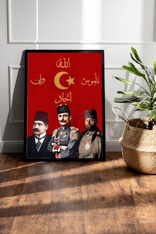 İttihat Terakki Paşaları Çerçeveli Tablo - Enver Cemal Talat Paşalar - İttihat Terakki Sancağı