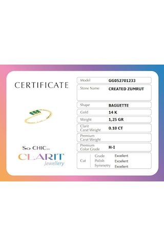 Clarit Jewellery Created Baget Zümrüttaşlı 14 Ayar Sarı Altın Yüzük Created Zümrüt