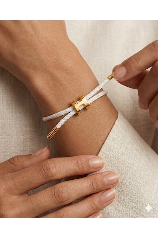 Unisex H Model Gold Renk Çelik Detay Beyaz İp Bileklik