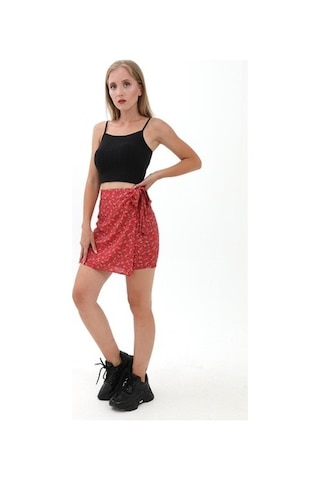 Çiçek Desenli Yandan Bağlamalı Etek - Kırmızı