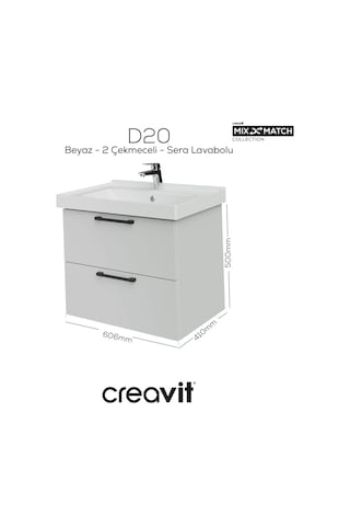Creavit D20 65 Cm İki Çelmeceli Lavabo Dolabı Beyaz Melamin Kapak Demonte Beyaz