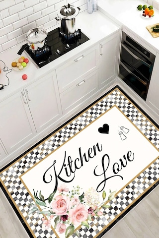 Kitchen Love Yazılı Baskılı Yıkanabilir Kaymaz Taban Mutfak Halısı Beyaz