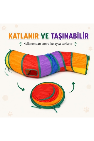 Kedi Oyun Tüneli Katlanabilir Kıvrımlı Model, Kedi Oyuncağı Tünel Ev, Renkli Kedi Köpek Oyun Alanı, Geniş Giri