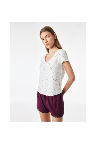 Koton Çiçek Desenli Rahat Kalıp Kısa Kollu Dantel Detaylı Şortlu Pijama Takımı Pembe Desenli 7wlk40207mk