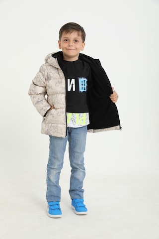 Erkek Çocuk Bej Pusula Desen İçi Polar Su Ve Rüzgar Geçirmez Kapüşonlu Cepli Şişme Kışlık Mont Bej