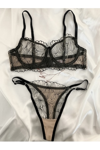 Arona Dantelli Brode İşlemeli Balenli Sütyen Takım Siyah-Nude Nude - Siyah