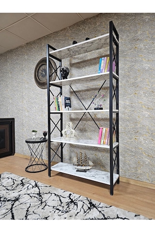 Siyah Boyalı Kitaplık - 5 Raflı Suntalem Lüks Kitaplık Beyaz Merm Çok Renkli