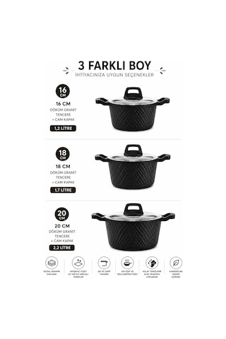 Obsidyen 6 Parça Döküm Granit Tencere Seti Siyah 16-18-20 Cm Yapışmaz Çizilmez Cam Kapaklı
