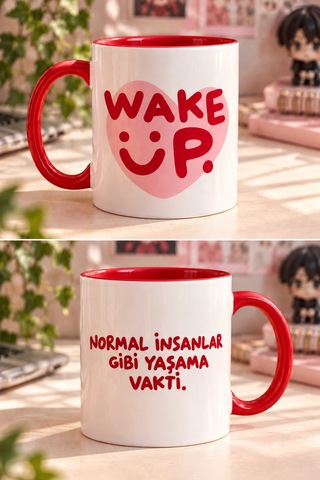 Wake Up Yazılı Baskılı Hediye Porselen Kupa Kırmızı